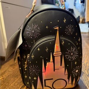 Disney Loungefly Black Backpack with Rose Gold Castle Design 50th anniversary!!!